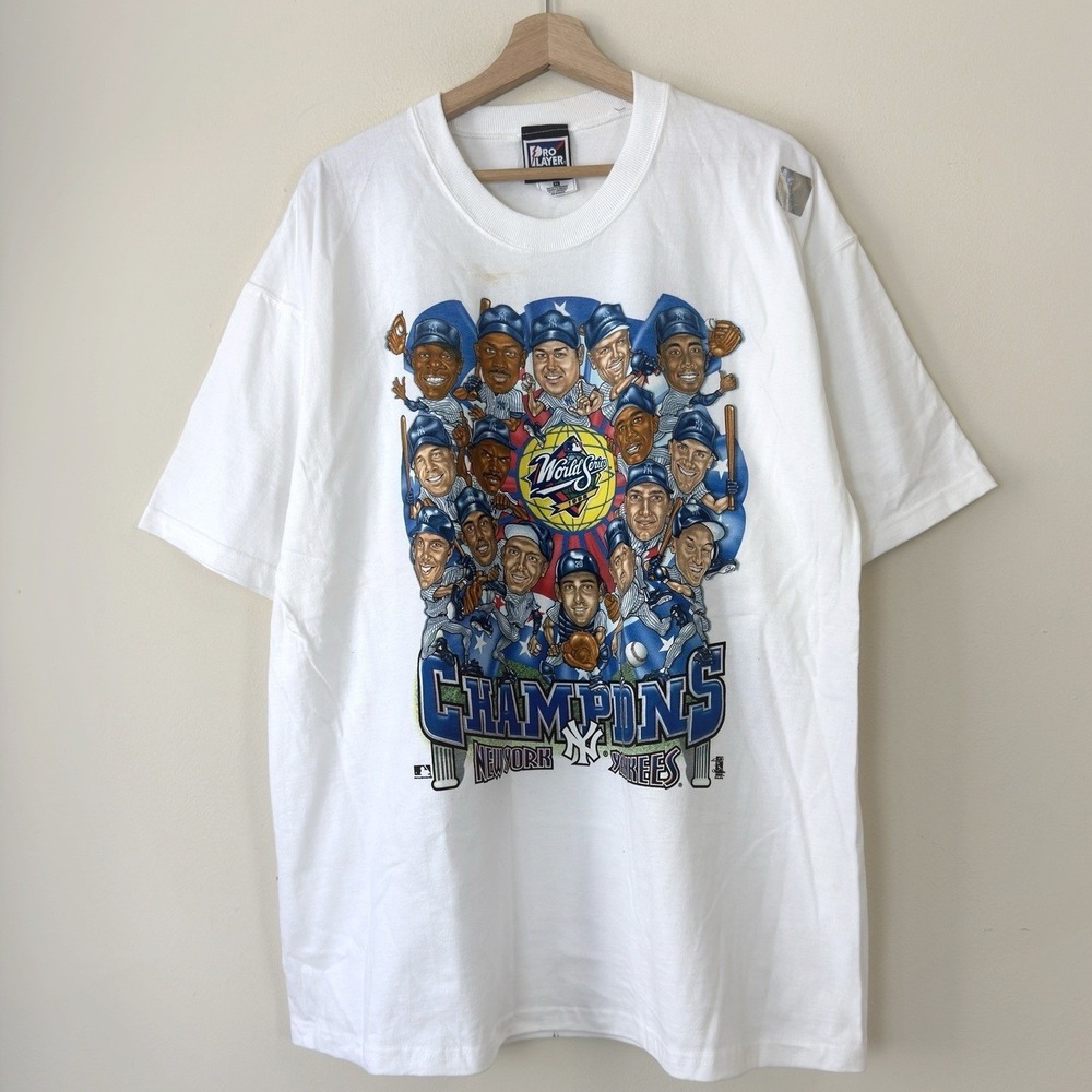 Vintage New York Yankees Pro Player World Series 1998 Caricature White Tee Shirt